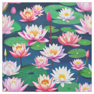 Tela Flores de Loto Blancas Rosadas y Hojas Verdes