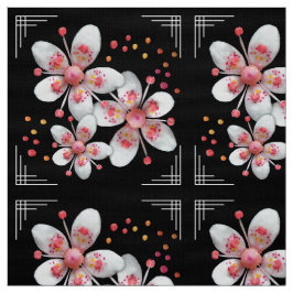 Tela Flores de manzana Art Deco - Blanco, Rosa en Negro