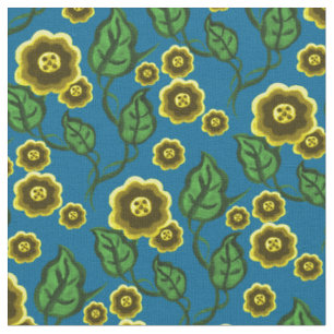 Tela Flores de oro/hojas verdes/arte folclórico/azul