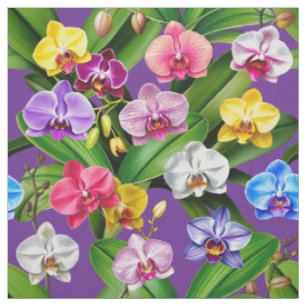 Tela Flores de orquídea azules rosadas amarillas lilas