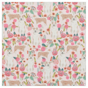 Tela Flores de perro Akita de color rosa claro