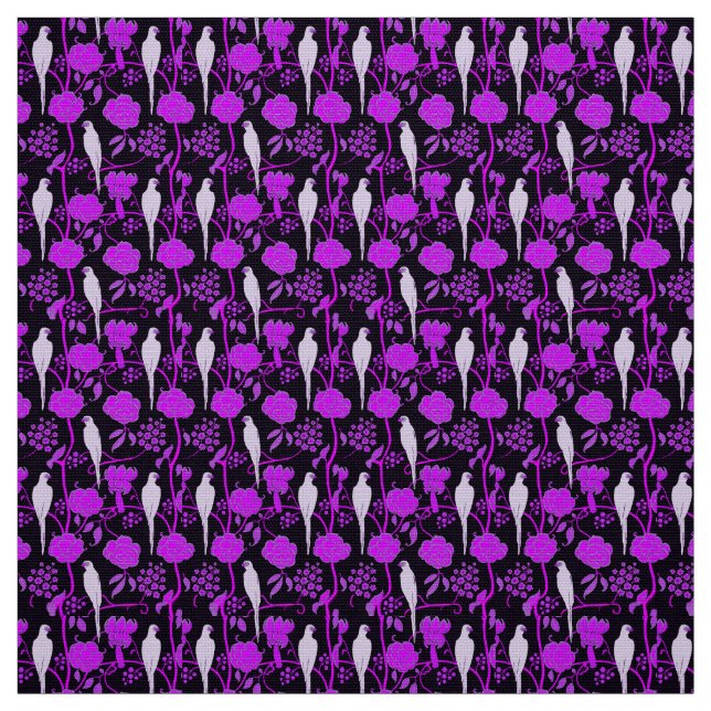 TELA FLORES DE PURPLE NEGRO ART DECO, PARROS BLANCOS (Retal)