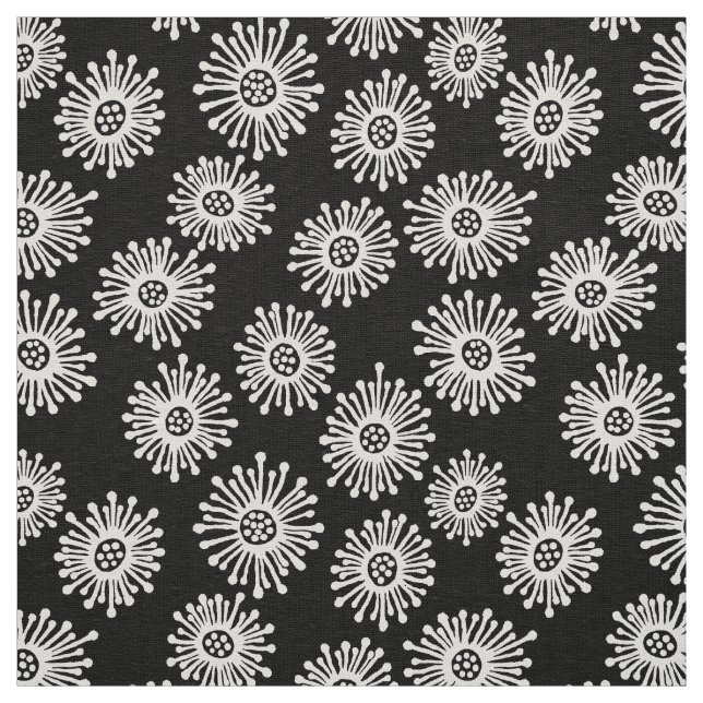 Tela Flores dibujadas a mano - Blanco sobre negro (Retal)