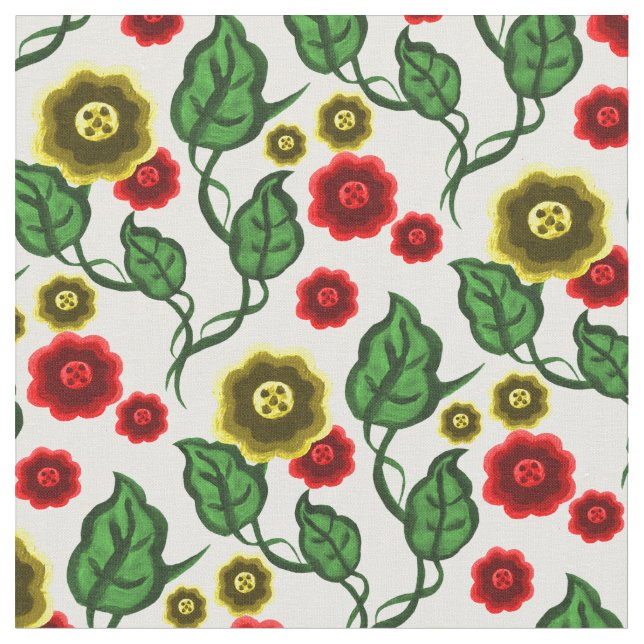 Tela Flores doradas/rojas/hojas verdes/flores folclóric (De cerca)
