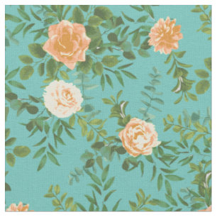 Tela Flores florales de Rosas Verde azulados Peach
