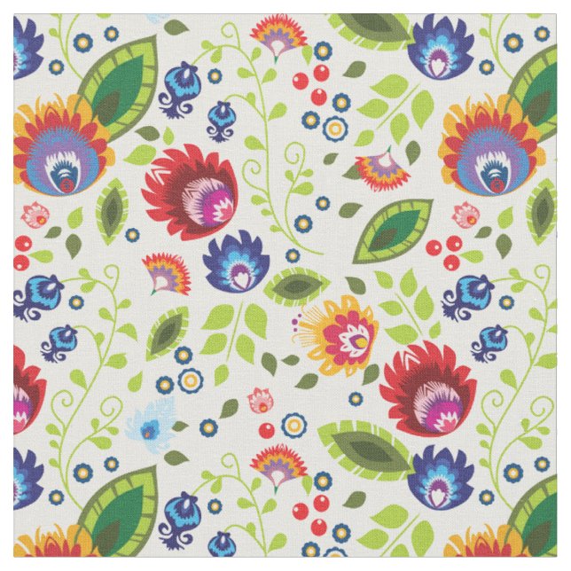 Tela Flores folclóricas en blanco (De cerca)