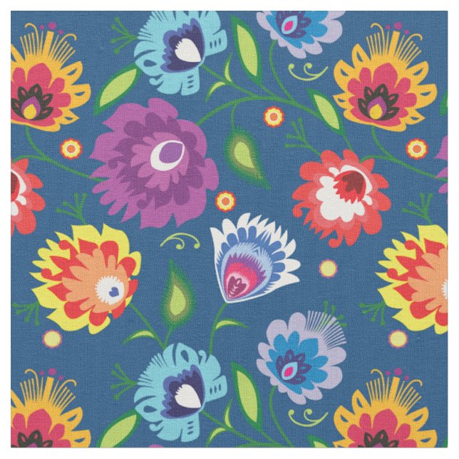 Tela Flores Folclóricas sobre azul clásico (De cerca)