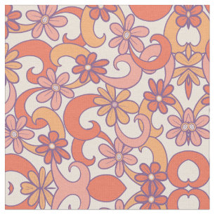 Tela Flores Groovy Naranja Rosa Girly Retro