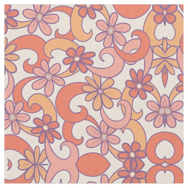 Tela Flores Groovy Naranja Rosa Girly Retro (De cerca)