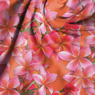 Tela Flores hawaianas de plumeria rosadas sobre naranja