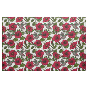 Tela Flores hibiscus y colibríes