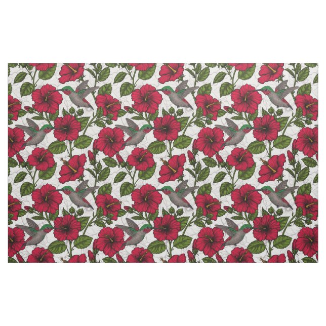 Tela Flores hibiscus y colibríes ("Cuarto gordo" (fat quarter))