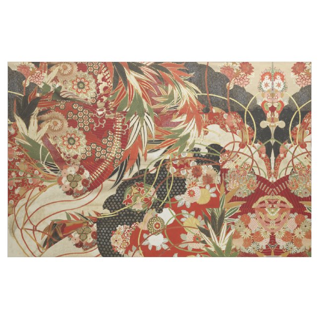 Tela FLORES JAPONESES ANTIGUOS FLORES ROJOS Y verdes ("Cuarto gordo" (fat quarter))