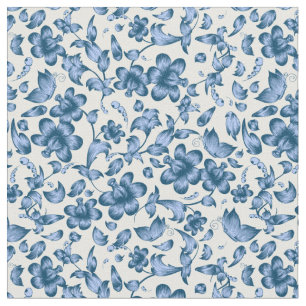 Tela Flores mariposas primavera floral azul en blanco