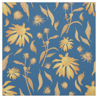 Tela Flores modernas de cono amarillo índigo en azul