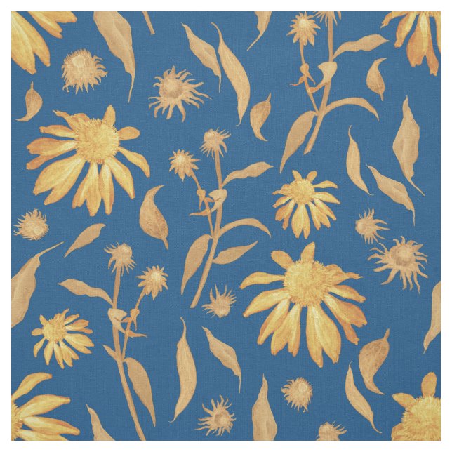 Tela Flores modernas de cono amarillo índigo en azul (Retal)