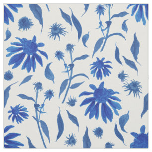 Tela Flores modernas de cono azul índigo en blanco