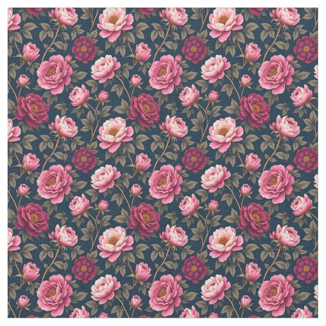 Tela Flores oscuras de Borgoña y Rosa (De cerca)