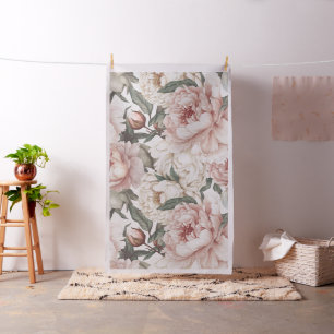 Tela Flores peones en Rubor, colores crema y blanco