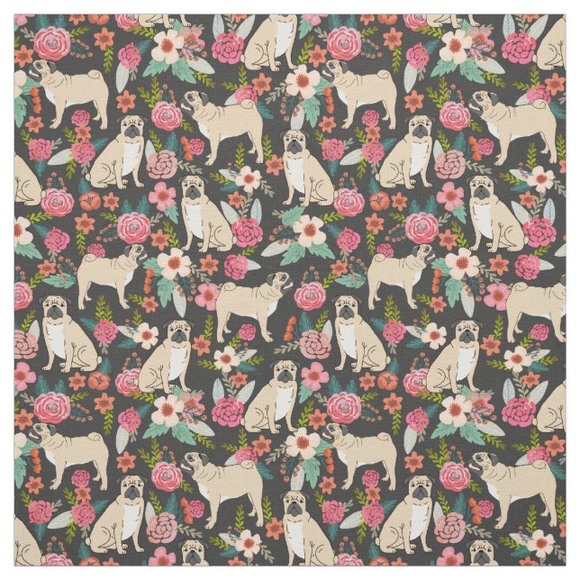 Tela Flores Pug Flores tejido de diseño (Retal)