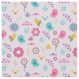 Tela Flores retro aves y abejas de fondo rosado