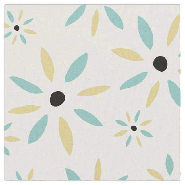 Tela Flores Retro Azules Y Amarillas Funky Aqua (De cerca)