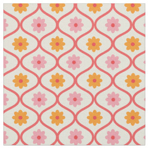 Tela Flores retro naranja y rosa sobre patrón Ogee