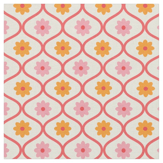 Tela Flores retro naranja y rosa sobre patrón Ogee (De cerca)