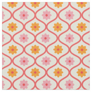 Tela Flores retro naranja y rosa sobre patrón Ogee