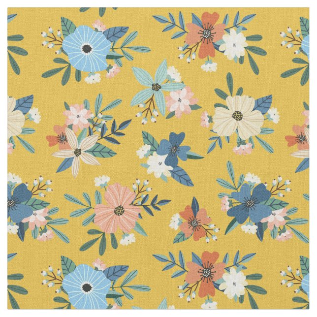 Tela Flores retro Patrón floral azul amarillo Rubor (De cerca)