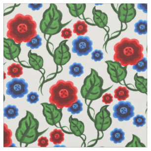 Tela Flores rojas/azules/hojas verdes/flores folclórica