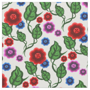 Tela Flores rojas/azules/rosas/hojas verdes/Folklore