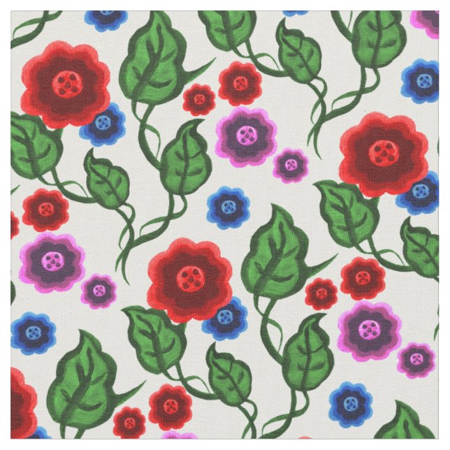 Tela Flores rojas/azules/rosas/hojas verdes/Folklore (De cerca)