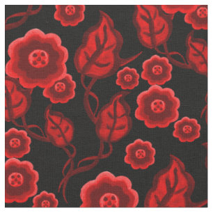 Tela Flores rojas/hojas rojas/arte folclórico 2 negro