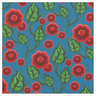 Tela Flores rojas/hojas verdes/arte folclórico/azul