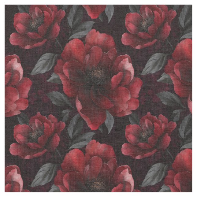 Tela Flores rojas oscuras en negro (De cerca)