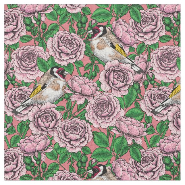 Tela Flores rosa y pájaros dorados (De cerca)