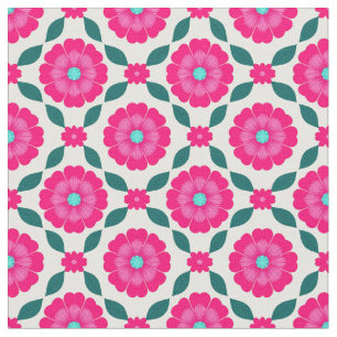 Tela Flores rosadas con centros azules y hojas verdes
