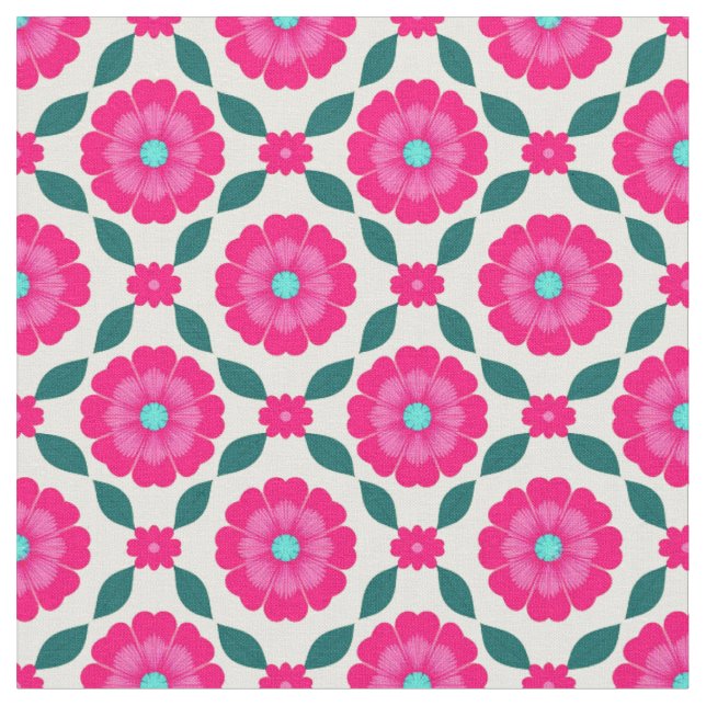 Tela Flores rosadas con centros azules y hojas verdes (De cerca)