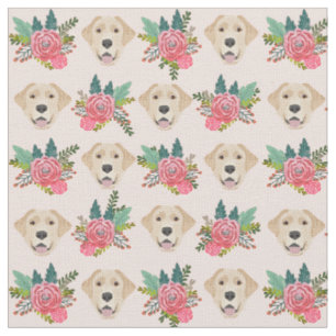 Tela Flores rosadas de perro del laboratorio amarillo