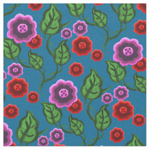 Tela Flores rosadas/rojas/hojas verdes/flores folclóric