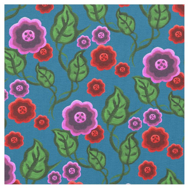 Tela Flores rosadas/rojas/hojas verdes/flores folclóric (De cerca)