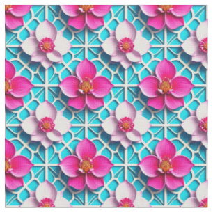 Tela Flores rosadas sobre un fondo azul geométrico