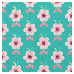Tela Flores rosadas y hojas sobre fondo azul turquesa