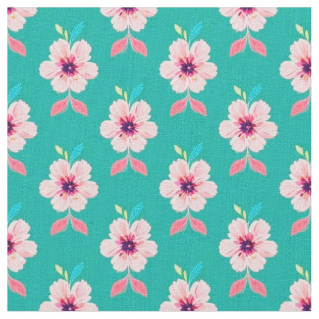 Tela Flores rosadas y hojas sobre fondo azul turquesa (De cerca)