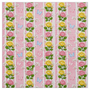 Tela Flores Rosas Amarillas y Rosadas Raya Floral