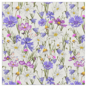 Tela Flores silvestres blancas, azules y moradas Botáni
