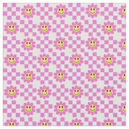Tela Flores sonrientes rosadas calientes con cuadrados