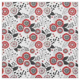 Tela Flores y hojas de perro en rojo y negro