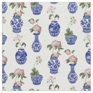 Tela Flores y jarrones azules de chinoiserie